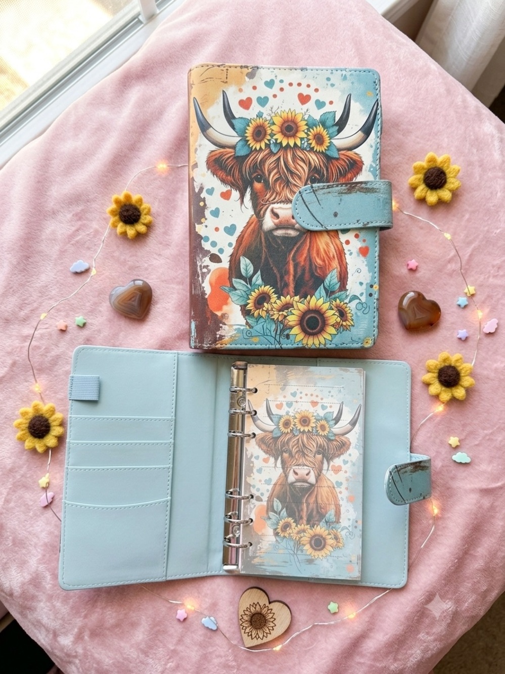 Sunflower Highland Cow Planner Organizer - Light Blue 8”x6”
